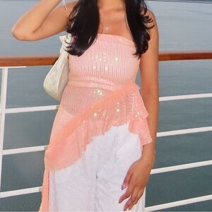 Free people peach sequin high low strapless top